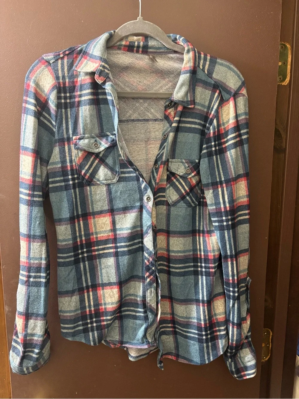 Vanity Blue Plaid Button-Down Shirt with Red Accents